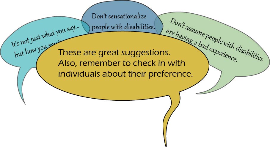 Multi colored speech bubbles with the tips for inclusive language found below. 