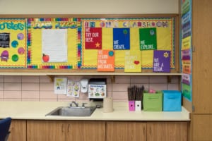 Bright and colorful bulletin boards above the sink in an elementary school classroom