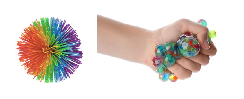 A multi-colored koosh ball, a hand squeezing a colorful gel filled object