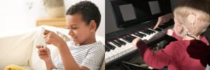 Black child with hearing aid smiling at a game; white child with cochlear implant playing piano.