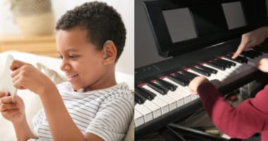 Child with hearing aid smiling at a game; second child with cochlear implant playing piano.