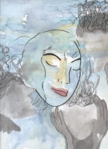 A watercolor painting of a face with their eye closed in muted blue and grey colors.