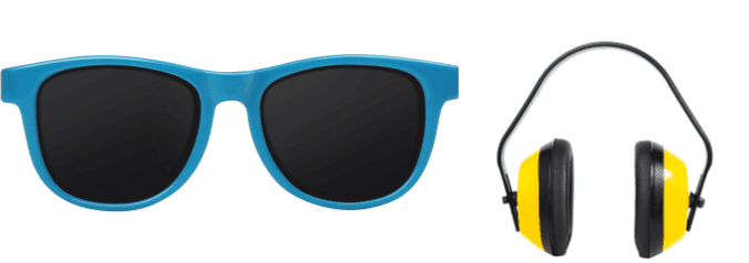 Blue sunglasses and yellow noise-reducing headphones