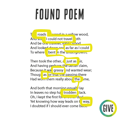 Found Poem. Text of "The Road Less Traveled" with selected words circled, creating a new poem "Roads I could not travel as far as I could bent just as grassy as the trodden way."