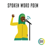 Spoken Word Poem. A smiling dark skinned girl with a hijab speaks into a microphone with her hand raised.