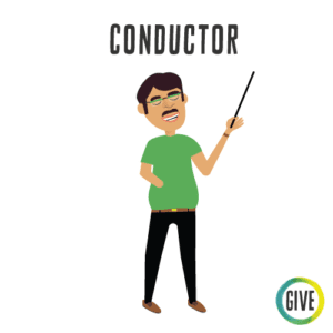Conductor. A man with one hand and glasses waves a conductor's baton.