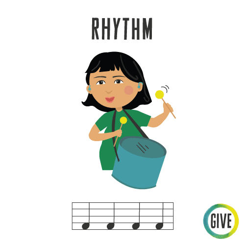 Rhythm. An Asian girl with hearing aids bangs a drum above a written rhythm.
