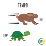 Tempo. A hare labeled "fast", a tortoise labeled "slow".