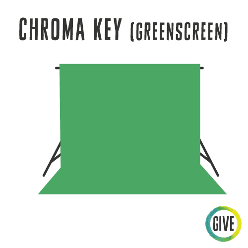 Chroma Key (Greenscreen). Large greenscreen supported by black tripods.