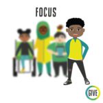 Focus. Dark skinned child with curly hair in focus, with three characters behind them out of focus.
