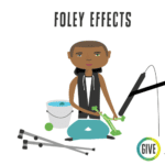 Foley Effects. Dark skinned teenager with crutches breaking celery beside a microphone next to a pail of water.