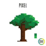 Pixel. A pixelated green and brown tree and two larger green pixels.