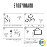 Storyboard. Four squares illustrating how a story will be filmed.