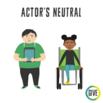 Actor Neutral. A child in a green shirt with an iPad around his neck stands neutrally with arms at his sides.