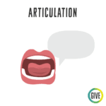 Articulation. An open mouth with a speech bubble.