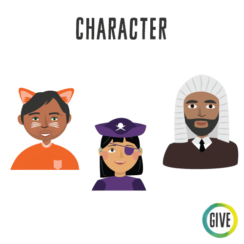 Character. Three people in costume as a cat, a pirate, and a judge.