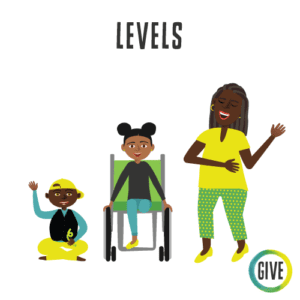 Levels. A child with a yellow cap sits on the ground with a fidget, a child with afro puffs sits in a wheelchair, and an adult in a yellow shirt stands, singing.