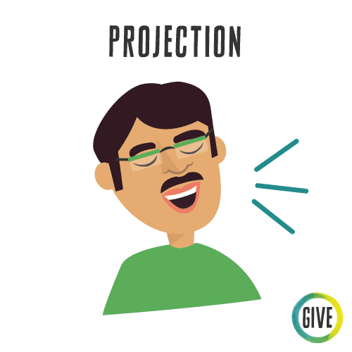Projection. An adult with glasses and dark hair opens his mouth and sound waves come out.