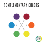 Complementary Colors. A circle of color shades with arrows pointing to each color's complement: Purple and yellow, orange and blue, red and green.