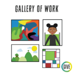Gallery of Work. Four framed artworks, abstract, portrait, and landscape.