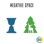 Negative Space. A blue chalice which seems to have faces carved into its edges, a green tree with a cut out space of a deer.