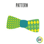 Patten. A bow ties with green and yellow designs on each side of the tie.