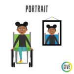 Portrait. A dark skinned girl with afro puffs and one foot sits in a wheelchair beside a framed image of herself.