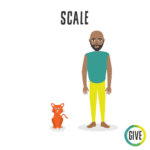 Scale. A tall dark skinned man with a beard stands beside an orange cat.