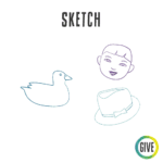 Sketch. Pencil outlines of a face, a duck, and a hat.