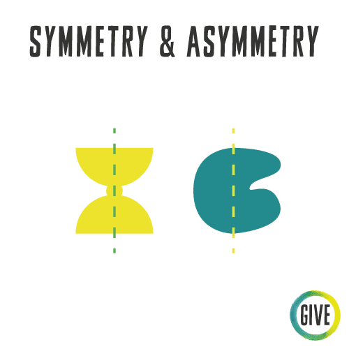 Symmetry and Asymmetry. A yellow goblet with a clear line of symmetry. A teal shape with no line of symmetry.