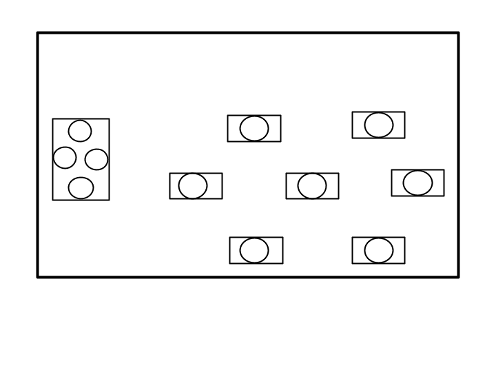 Diagram of students sitting at individual desks and four students sharing a table.