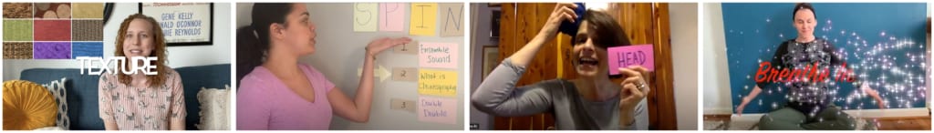 Four teaching artist each in their own video box. First one with word texture across face, and nine texture visuals in upper left corner. Second one gesturing to visuals on wall. Third TA holding card that reads head, while putting a ball on her head. Fourth takes a deep breath in as those words fly across screen