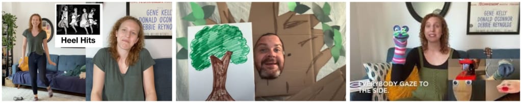 Examples of picture in picture with alternative choices for the students. You can do it standing or sitting, you can make a full tree costume or draw a picture, you can look with your eyes or the puppets.