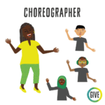 Choreographer. A dark skinned adult makes a movement with their arms and three students mimic it.