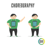 Choreography. A student with an iPad communication device moves their arm up and down.