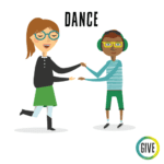 Dance. A student with glasses and a ponytail dances with a student with glasses and headphones.