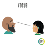 Focus. An adult looks at a student wearing a hearing aid, with a line drawn between their eyes.