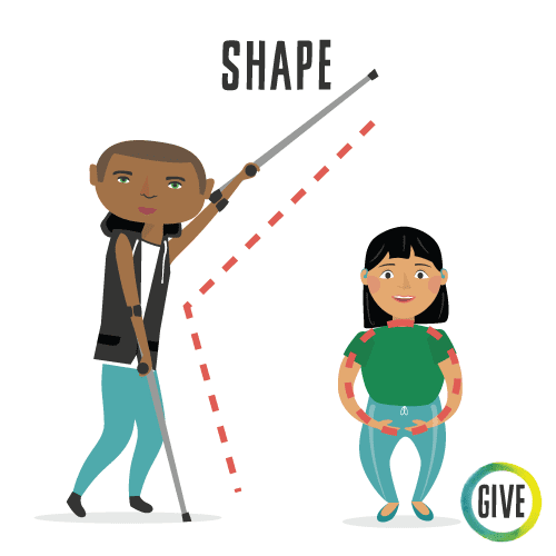 Shape. A teenager with crutches makes an arrow with their body, a younger student with hearing aids makes a circle with their arms.