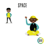 Space. A child sits with a fidget toy with another young student standing far behind.
