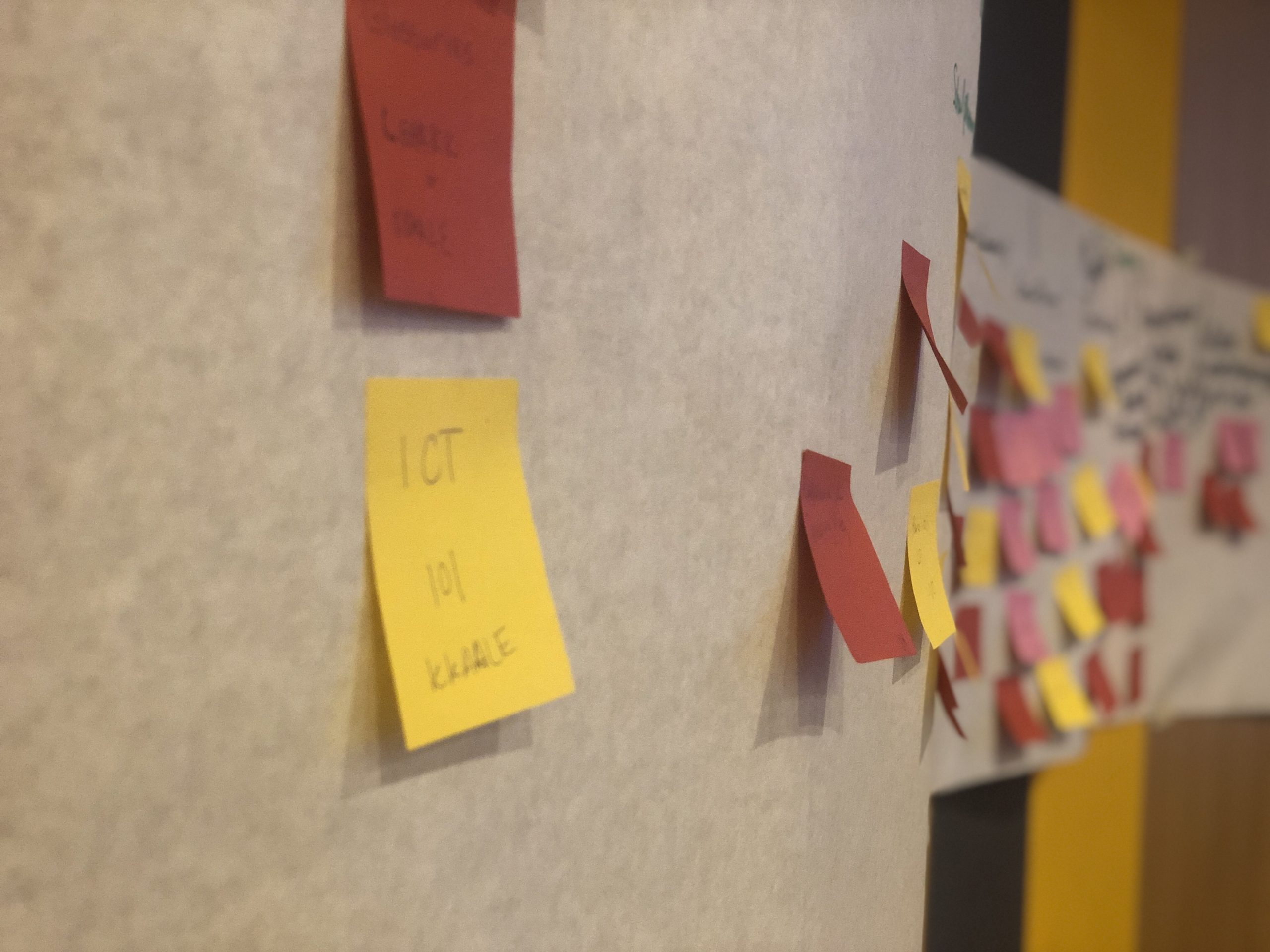 Post-it notes on a long piece of paper on a wall.